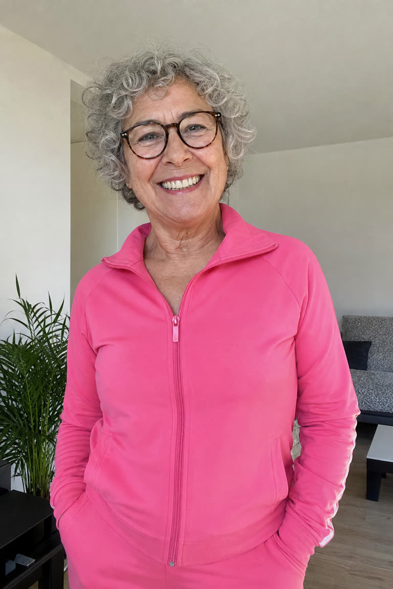 a smiling grandmother with curly grey hair, glasses and a pink tracksuit (AI-generated sample person)
