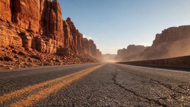 Crazy Frog AI background: Desert canyon road, red rock cliffs and cracked asphalt at golden hour