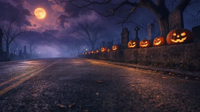Crazy Frog AI background: Halloween graveyard, a misty night road lined with glowing pumpkins under a full moon