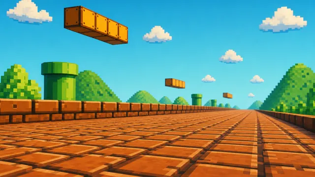 Crazy Frog AI background: Pixel game world, a retro 8-bit brick road with floating blocks and green pipes