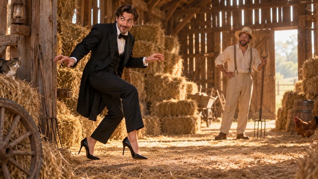 A fictional performer tiptoes into a straw barn as another figure watches.