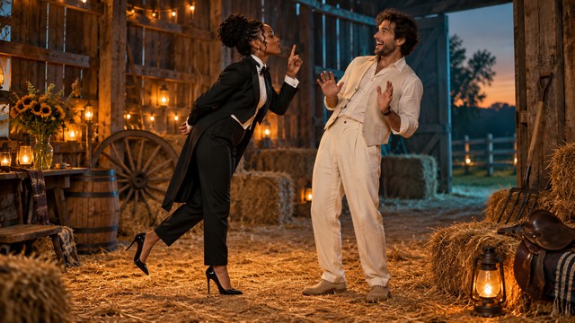 Two costumed adults share a playful moment in a lantern-lit barn.