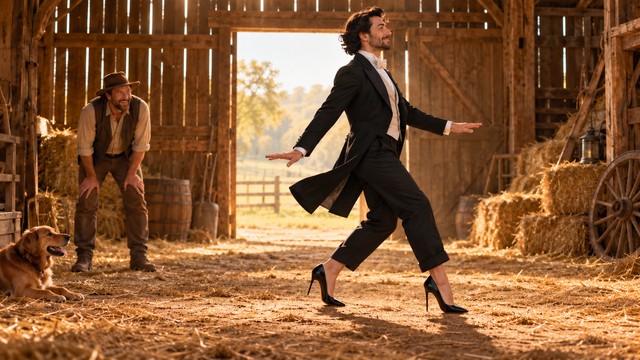 A performer dances across the straw barn with one foot raised.