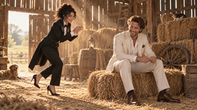 A tiptoeing performer approaches a seated watcher among the hay bales.