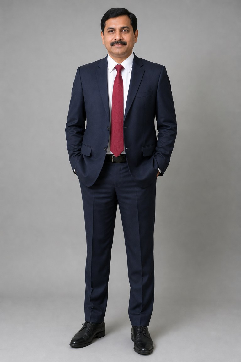 a man with a moustache in a navy business suit and red tie (AI-generated sample person)